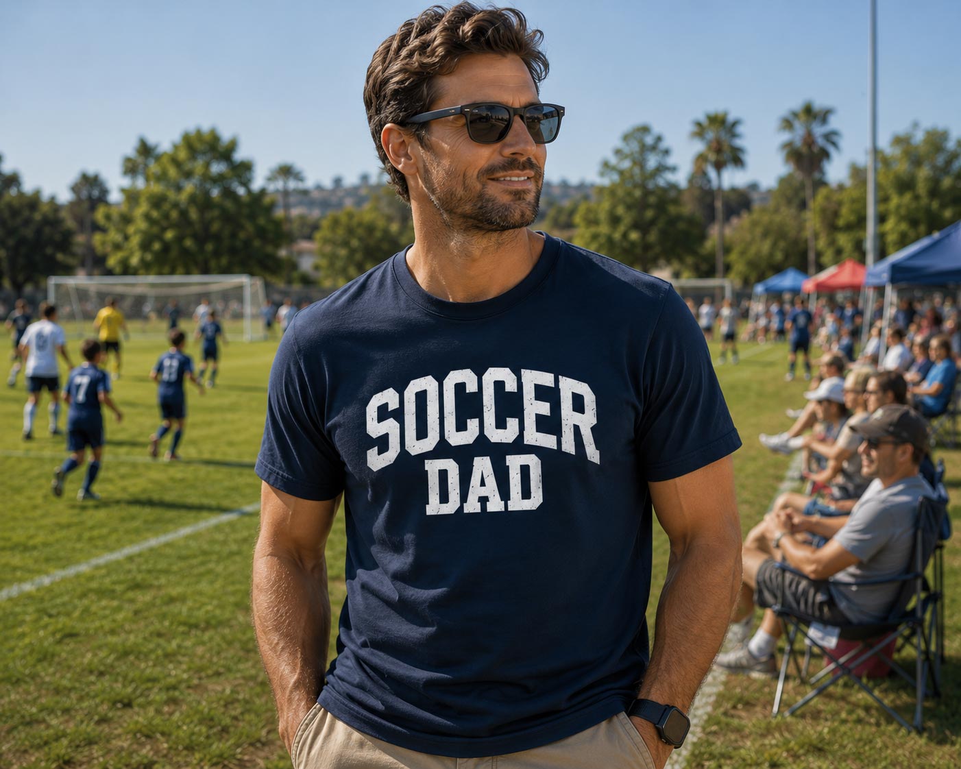 Soccer Dad Arched - Mens 100 percent cotton tee shirt white text