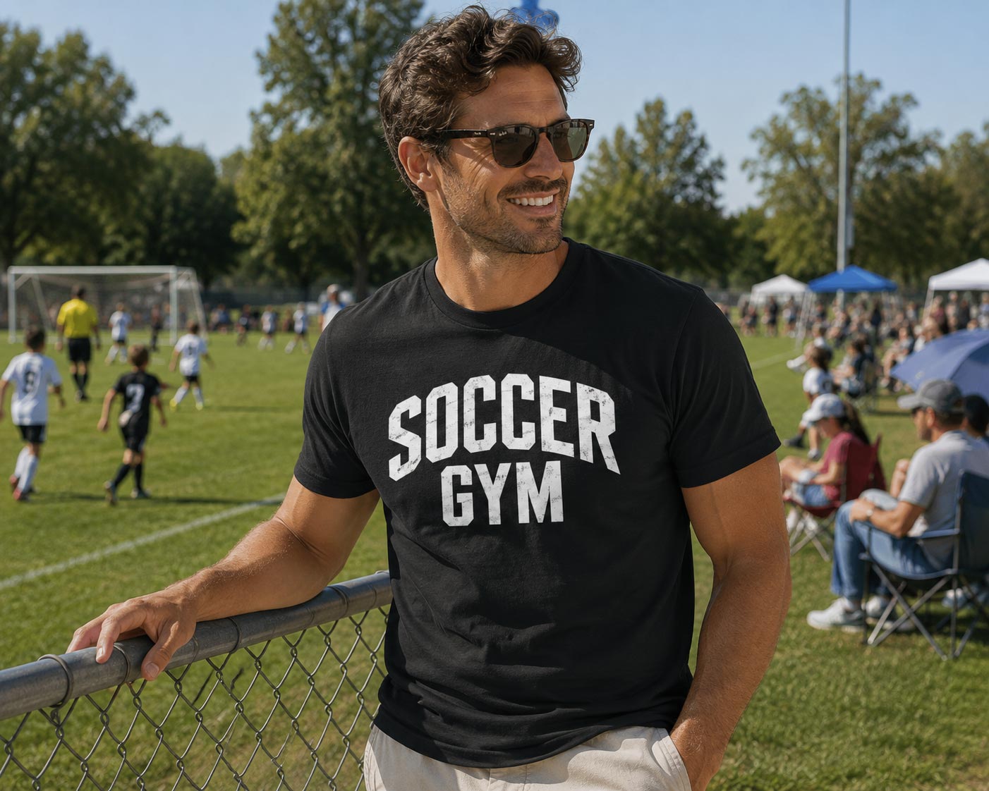 Soccer Gym Men 100 percent cotton tee shirt white text