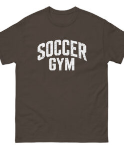 Soccer Gym Men 100 percent cotton tee shirt white text