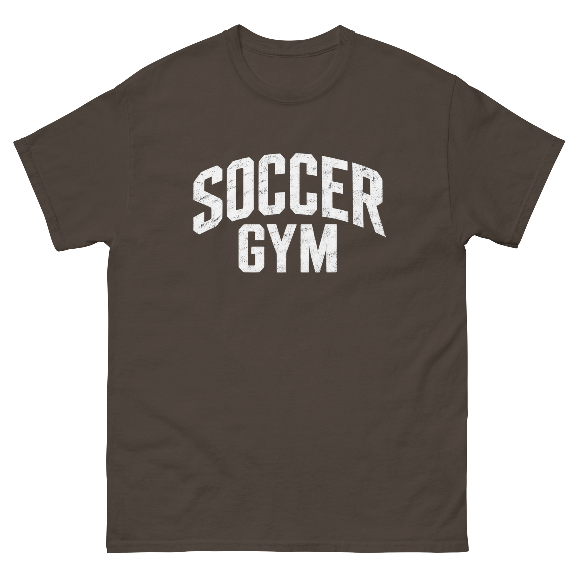 Soccer Gym Men 100 percent cotton tee shirt white text