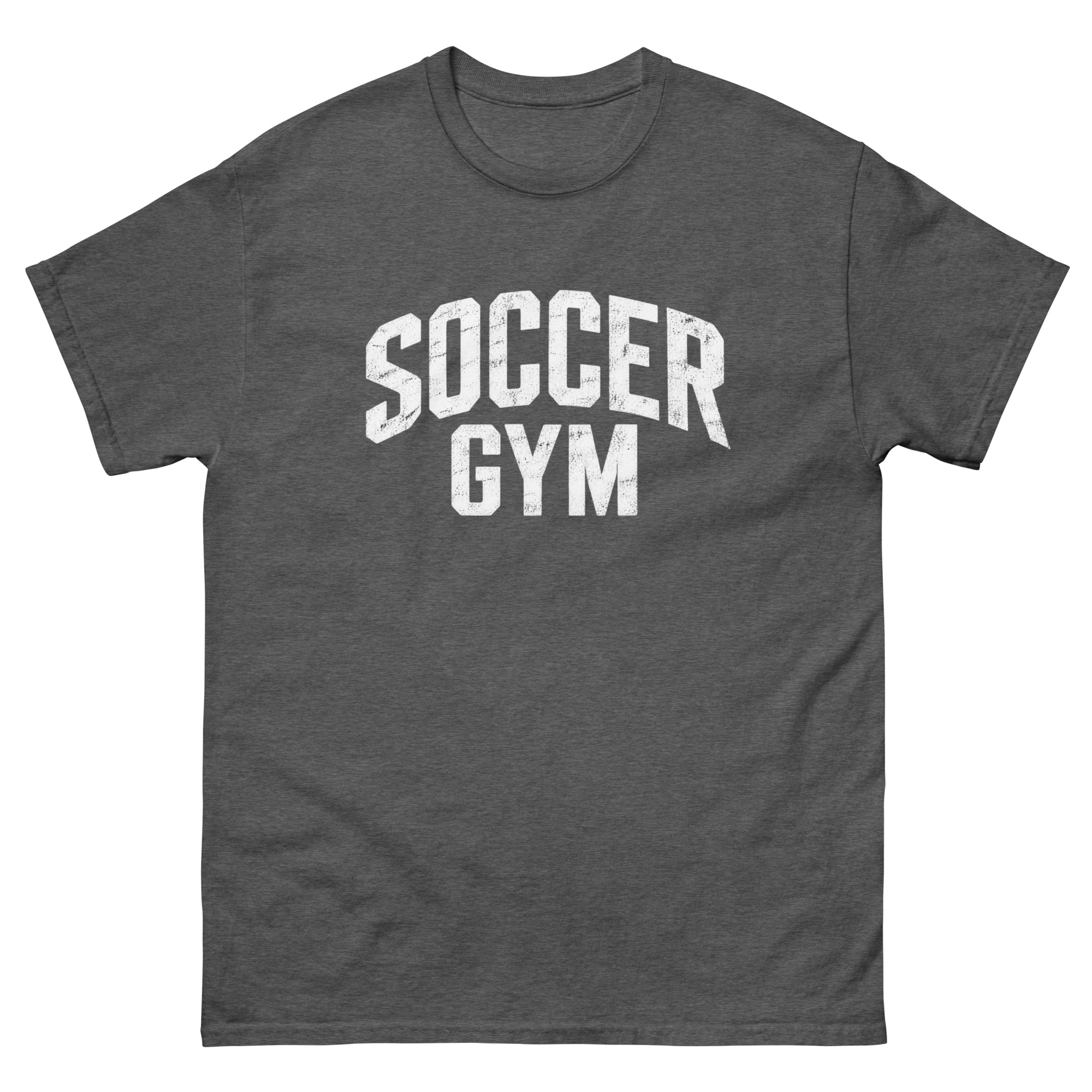 Soccer Gym Men 100 percent cotton tee shirt white text