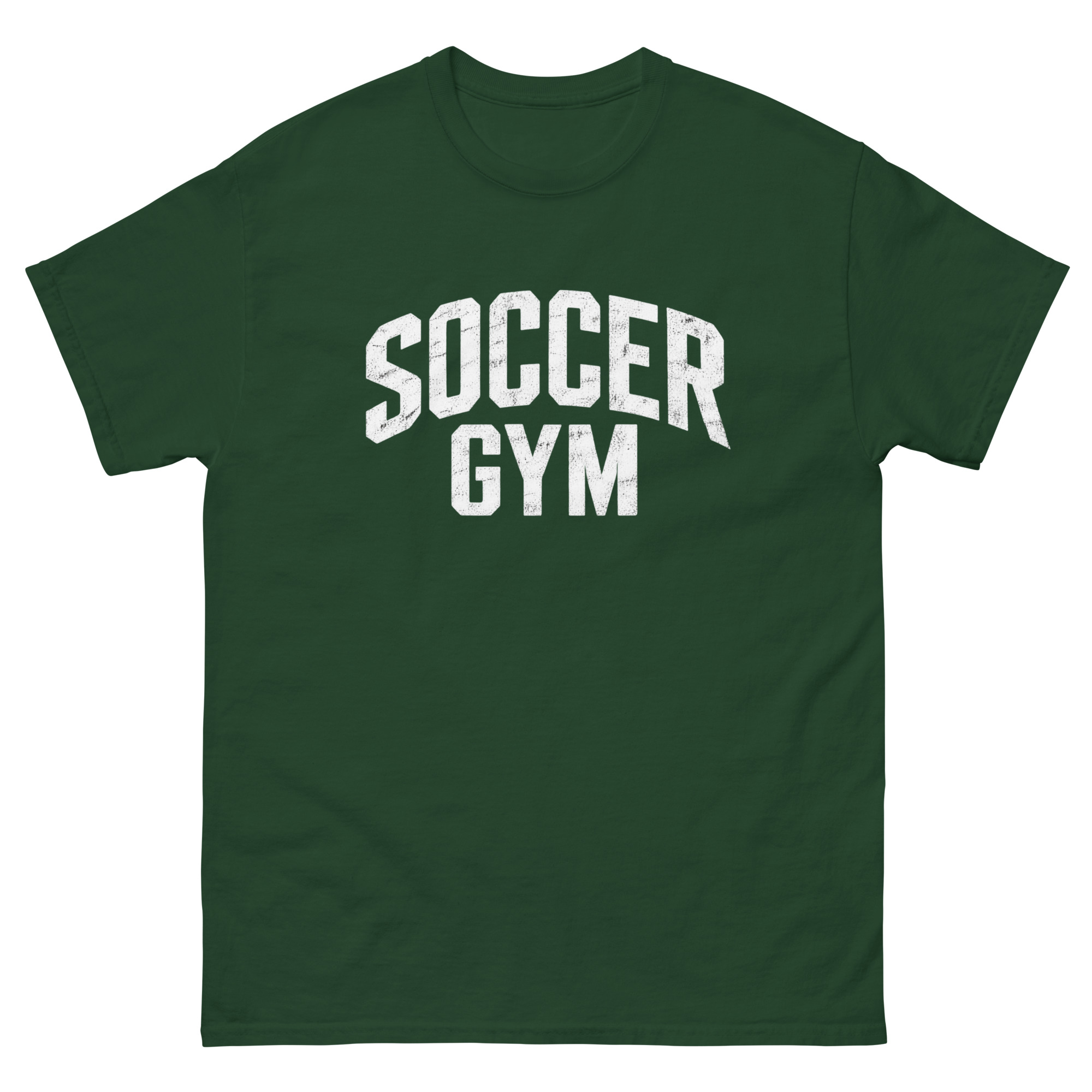 Soccer Gym Men 100 percent cotton tee shirt white text