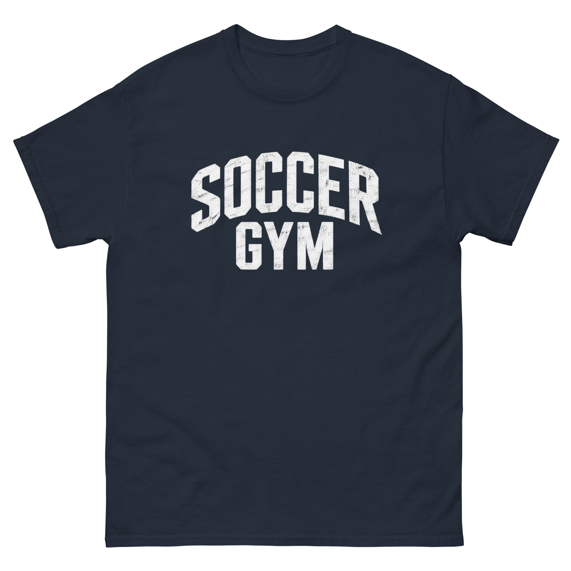 Soccer Gym Men 100 percent cotton tee shirt white text