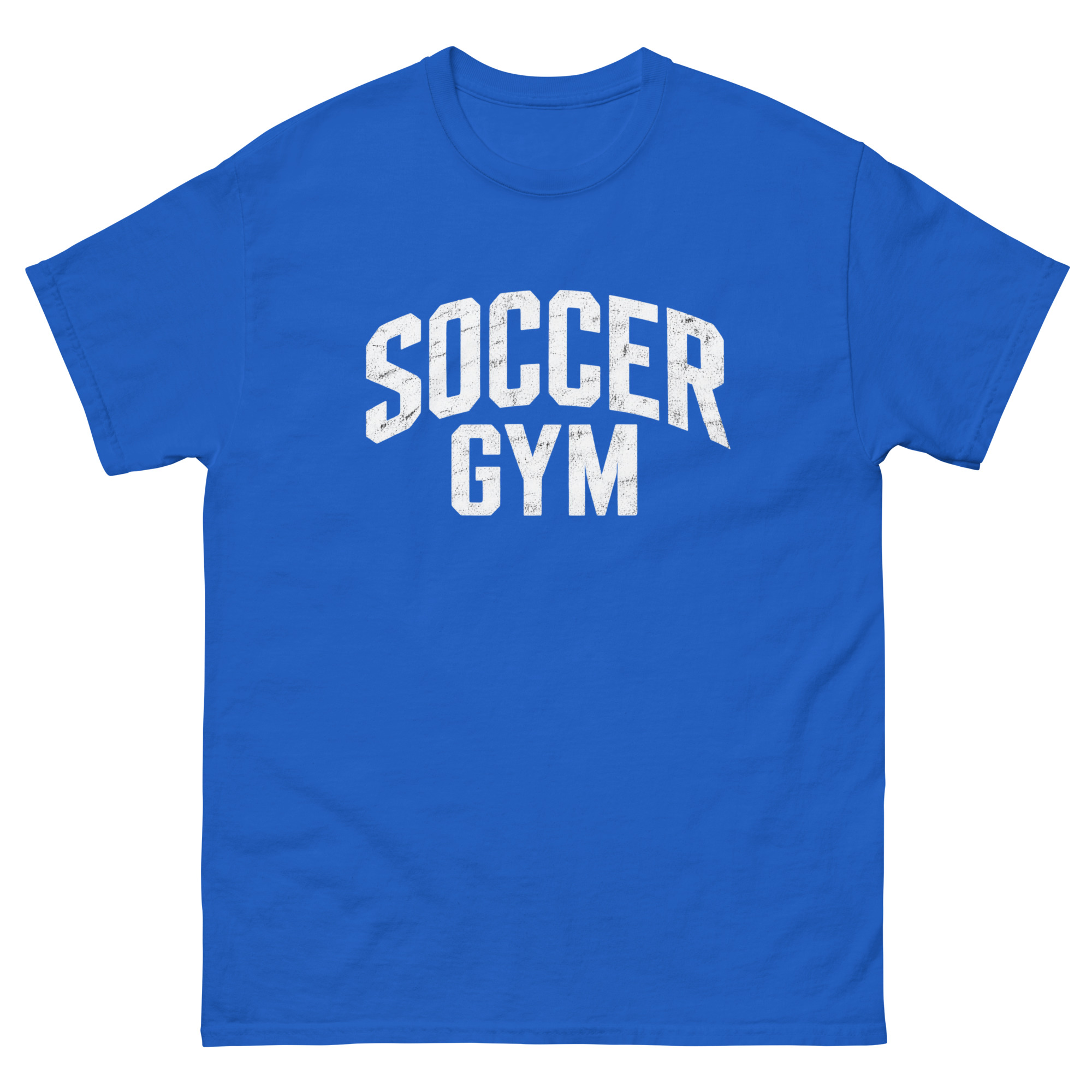 Soccer Gym Men 100 percent cotton tee shirt white text