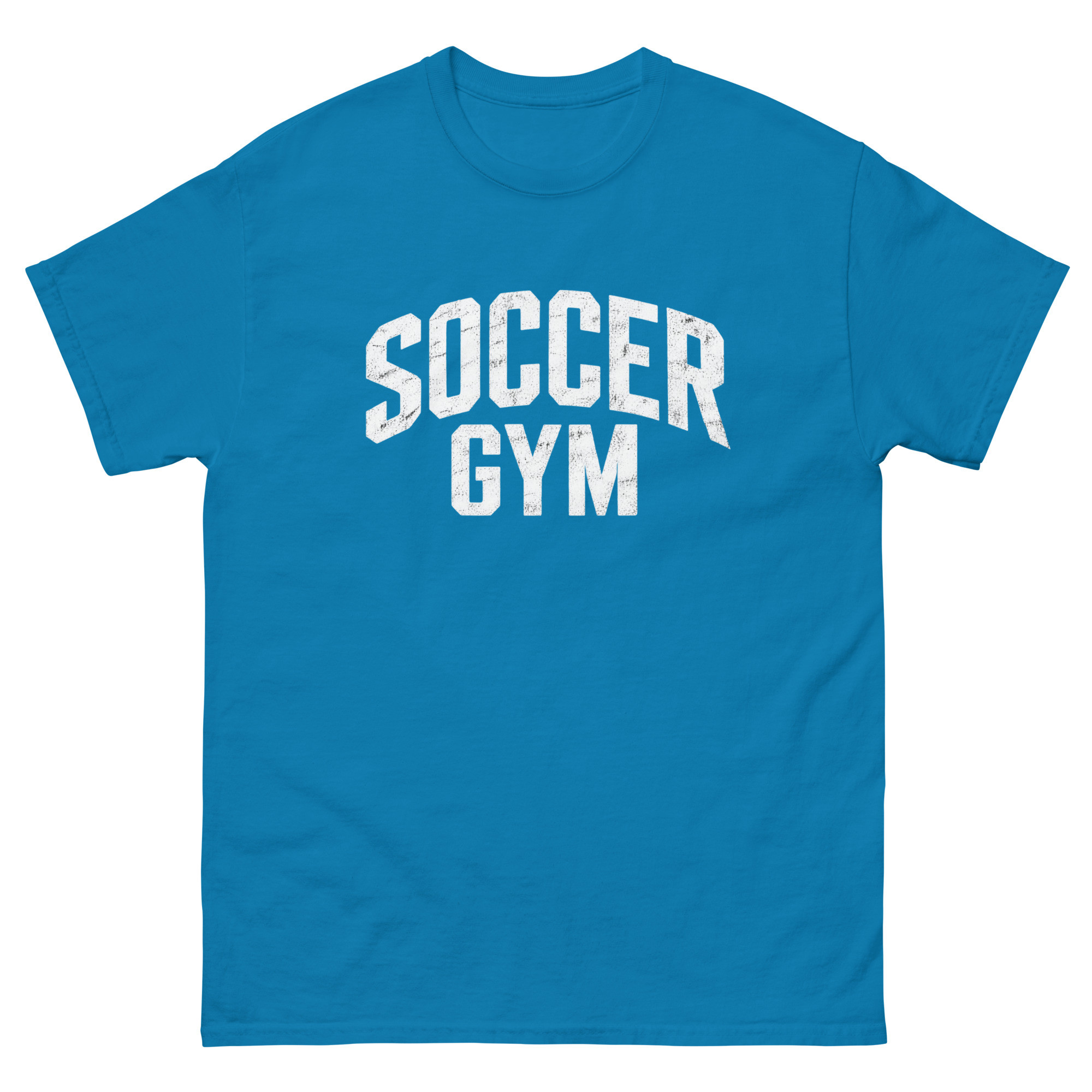 Soccer Gym Men 100 percent cotton tee shirt white text