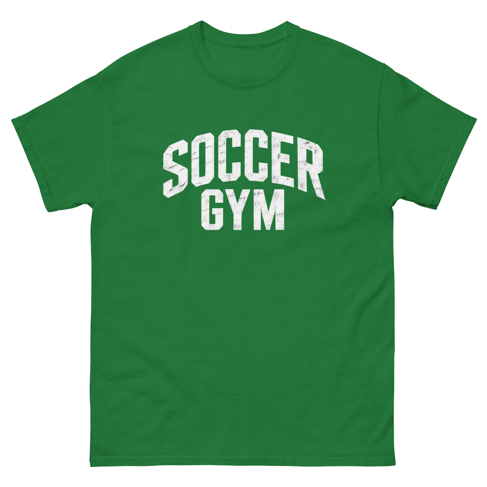 Soccer Gym Men 100 percent cotton tee shirt white text